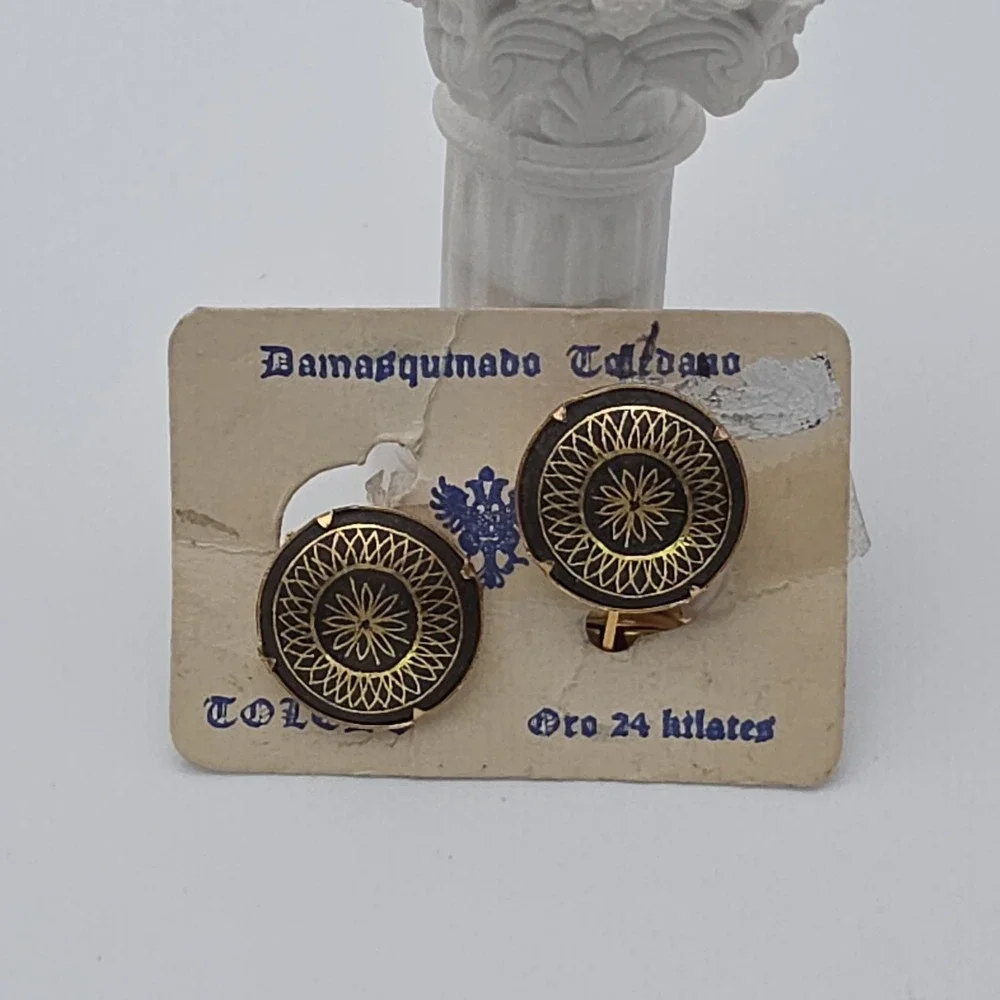 Vintage TOLEDO Cufflinks 24k Yellow Gold Spain Damasquinado Toledano Diamond Cut